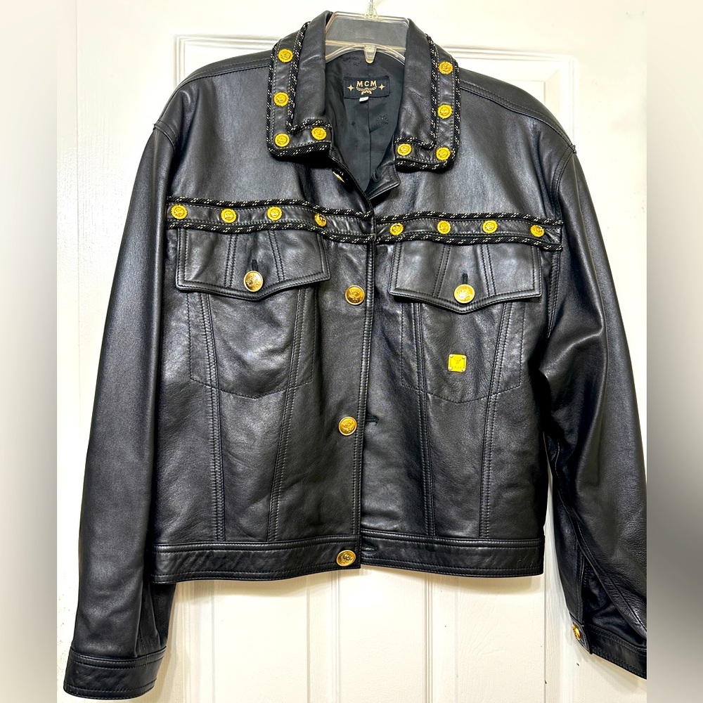 MCM Jacket Black Leather Bomber Vintage Made In Italy Size Large